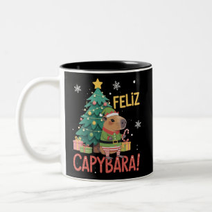 Feliz Capybara Elf Xmas Christmas Tree  Two-Tone Coffee Mug