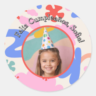 Feliz Cumpleaños Con Foto Colorido Personalizado Classic Round Sticker