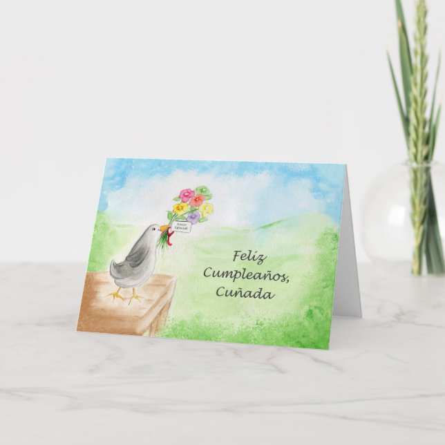 Feliz Cumpleanos Cunada, Pajaro con Flores Card (Front)