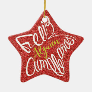 Feliz cumpleaños en forma de estrella ceramic ornament
