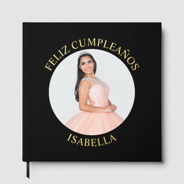 Feliz Cumpleaños Round Photo Black Guest Book (Front)