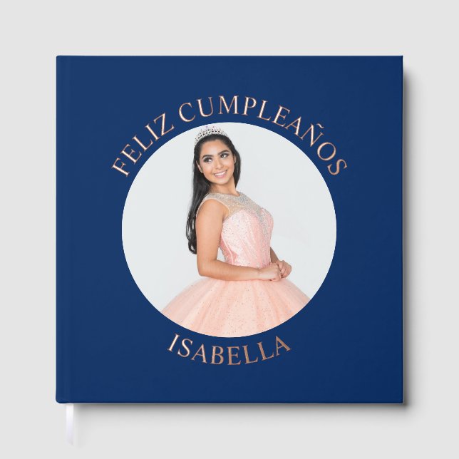 Feliz Cumpleaños Round Photo Navy Blue Guest Book (Front)