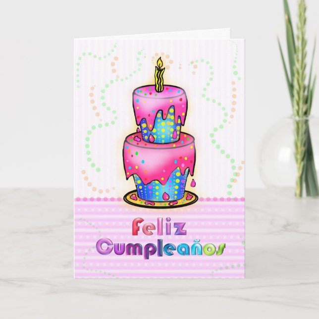 Feliz cumpleaños Spanish fun Birthday Cake pink Card (Front)