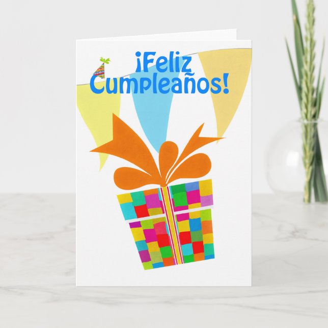 ¡Feliz Cumpleaños with gift package, bunting Card (Front)