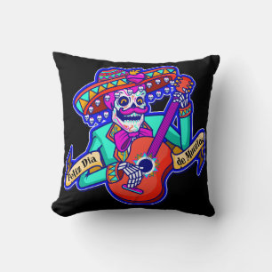 Feliz Dia De Muertos with Skeleton Playing Guitar Cushion