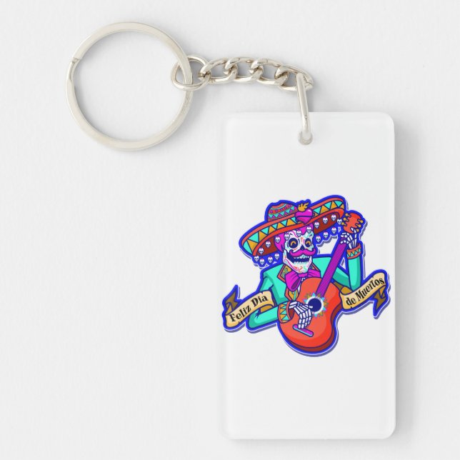 Feliz Dia De Muertos with Skeleton Playing Guitar Key Ring (Front)