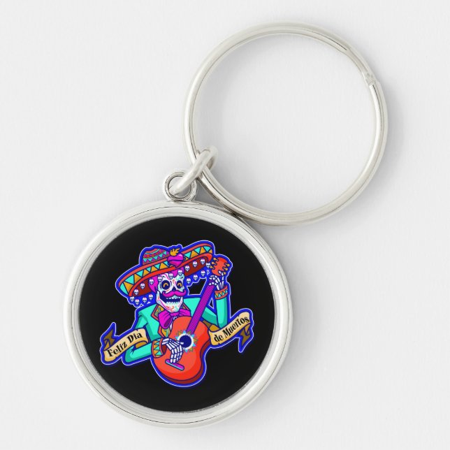 Feliz Dia De Muertos with Skeleton Playing Guitar Key Ring (Front)
