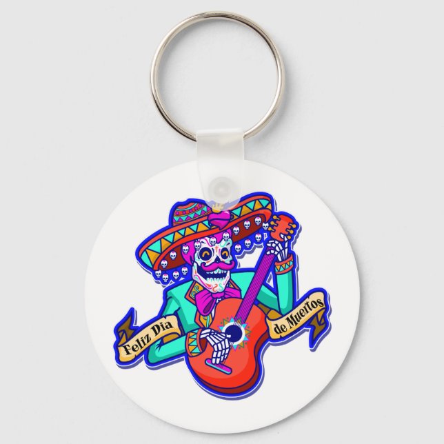 Feliz Dia De Muertos with Skeleton Playing Guitar Key Ring (Front)