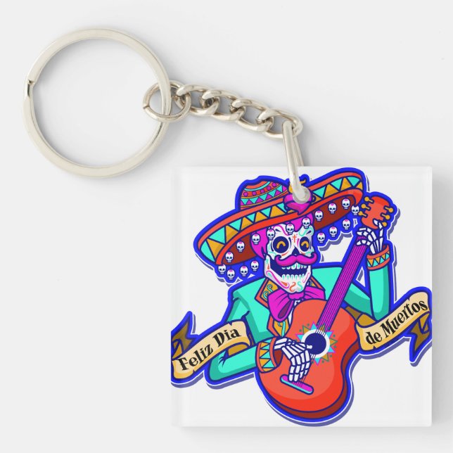 Feliz Dia De Muertos with Skeleton Playing Guitar Key Ring (Front)