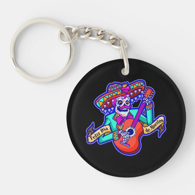 Feliz Dia De Muertos with Skeleton Playing Guitar Key Ring (Front)
