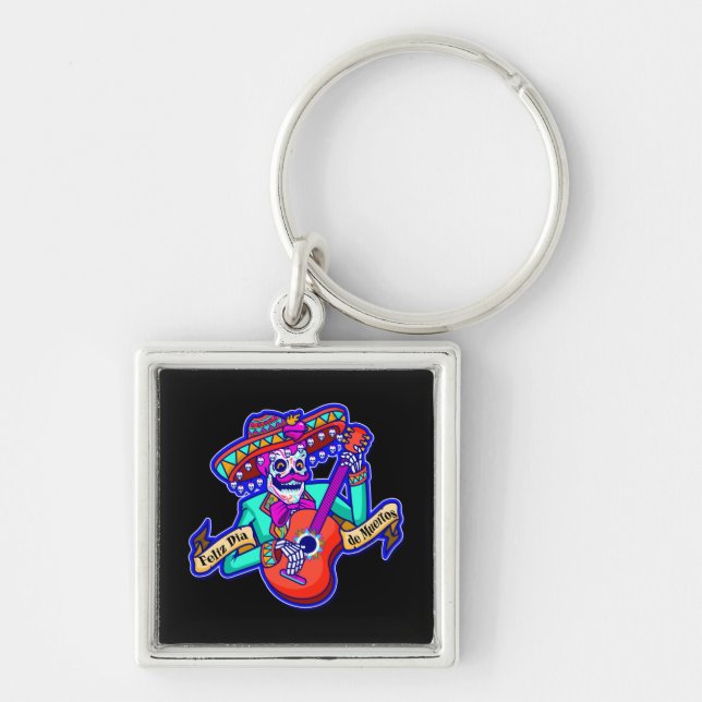 Feliz Dia De Muertos with Skeleton Playing Guitar Key Ring (Front)