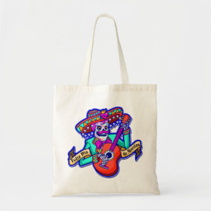 Feliz Dia De Muertos with Skeleton Playing Guitar Tote Bag
