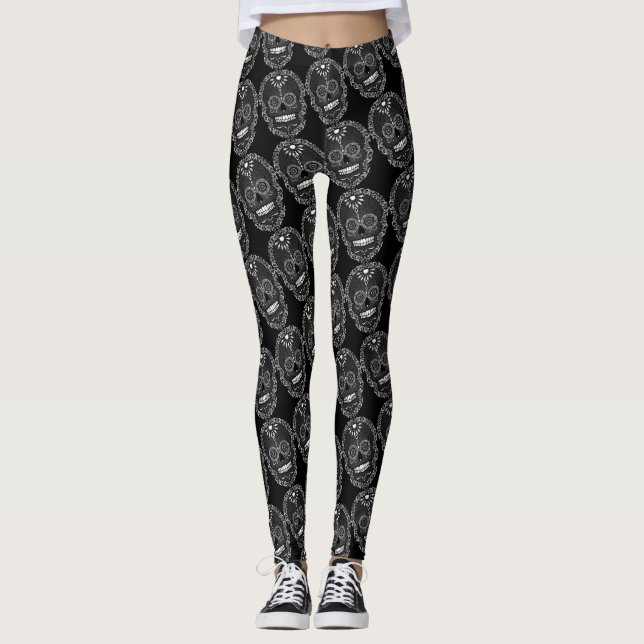 Feliz Muertos Black Sugar Skull Leggings (Front)