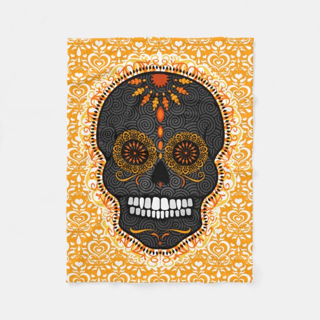 Feliz Muertos - Festive Sugar Skull Pattern Fleece Blanket (Front)