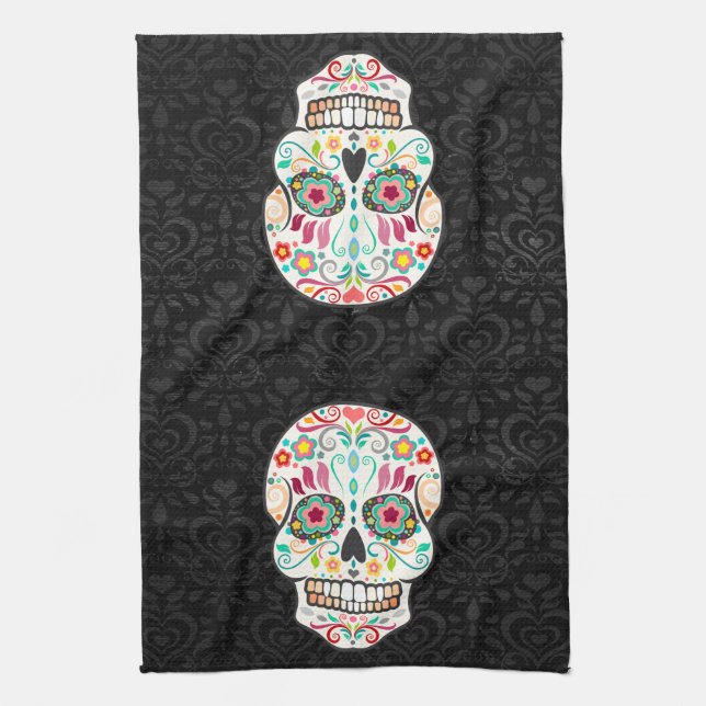 Feliz Muertos - Festive Sugar Skulls Kitchen Towel (Vertical)