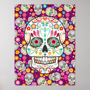 Feliz Muertos - Festive Sugar Skulls on Purple Poster