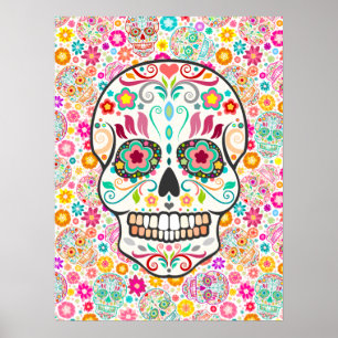Feliz Muertos - Festive Sugar Skulls on White Poster