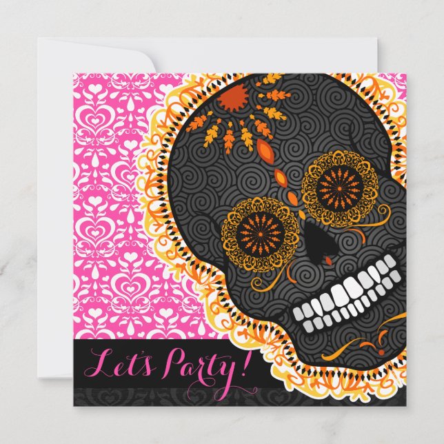 Feliz Muertos Orange Tilted Sugar Skull on Pink Invitation (Front)