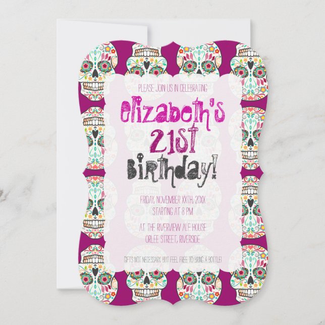 Feliz Muertos Skulls on Purple Custom Invitations (Front)