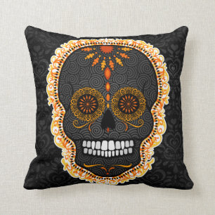 Feliz Muertos - Sugar Skull on Damask Throw Pillow