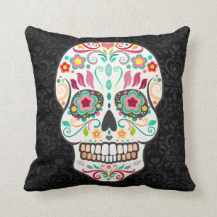 Feliz Muertos - Sugar Skull on Damask Throw Pillow