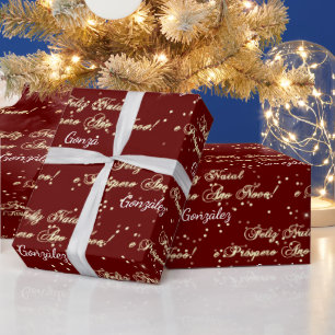 Feliz Natal e Prospero Ano Novo Name Burgundy Wrapping Paper