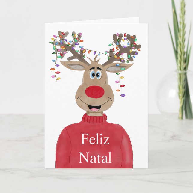 Feliz Natal, Portugese Christmas Lights Reindeer Holiday Card (Front)