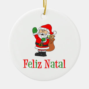 Feliz Natal Portuguese Christmas Santa Ceramic Ornament