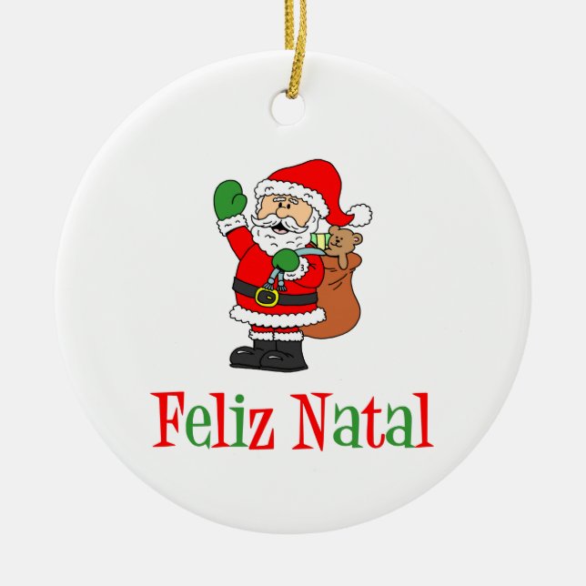Feliz Natal Portuguese Christmas Santa Ceramic Ornament (Front)