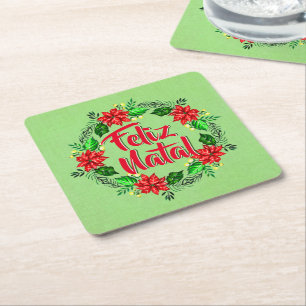 Feliz Natal Portuguese Merry Christmas Square Paper Coaster