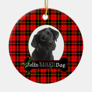 Feliz Naughty Black Lab Ceramic Ornament