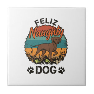 Feliz Naughty Dog Brown Retro Sun Paw Prints Ceramic Tile