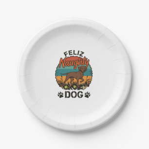Feliz Naughty Dog Brown Retro Sun Paw Prints Paper Plate