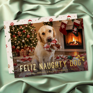 Feliz Naughty Dog Funny Photo Christmas Foil Holiday Card