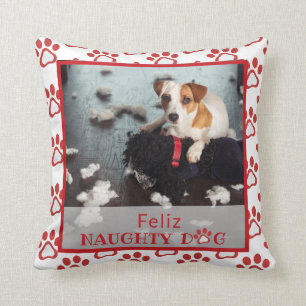 Feliz Naughty Dog Red Paw Print Pet Photo Pillow