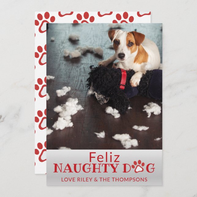 Feliz Naughty Dog Red Paws Pet Photo Holiday Card (Front/Back)