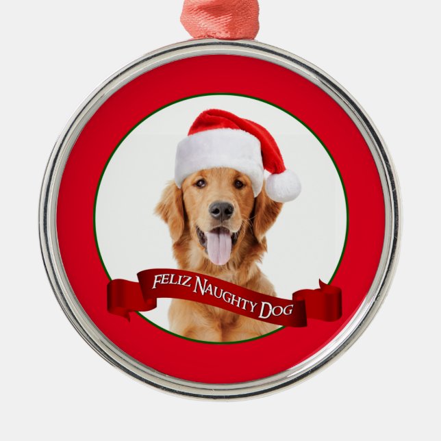 Feliz Naughty Golden Retriever Metal Ornament (Front)