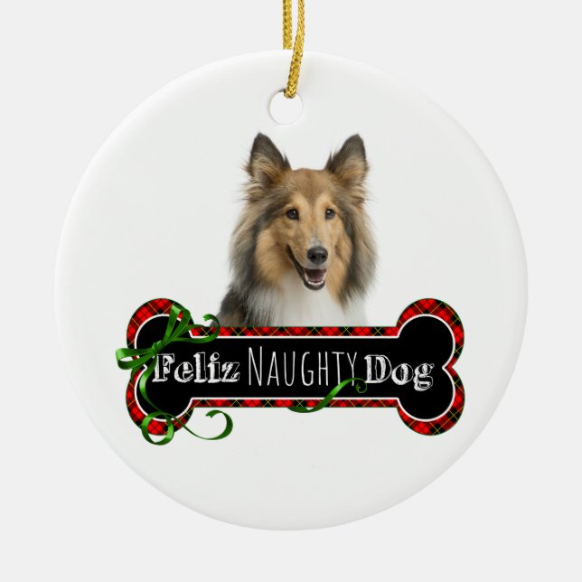 Feliz Naughty Sheltie Ceramic Ornament (Front)