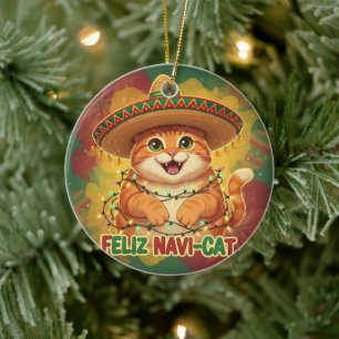 Feliz Navi-Cat Christmas Sombrero Cat  Ceramic Ornament