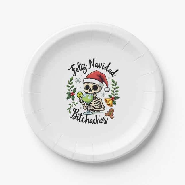 Feliz Navidad Bitchachos Funny Skull Spanish Merry Paper Plate (Front)