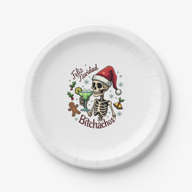 Feliz Navidad Bitchachos Funny Skull Spanish Merry Paper Plate (Front)
