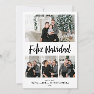Feliz Navidad   Black and White Multi Photo Grid Holiday Card
