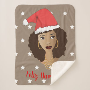 Feliz Navidad, Black Woman, White Stars, Brown Sherpa Blanket