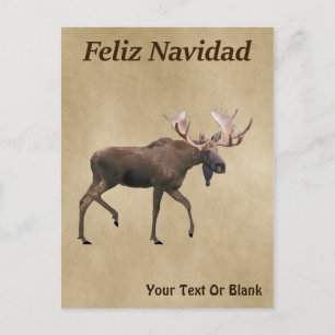 Feliz Navidad - Bull Moose On Old Paper Postcard