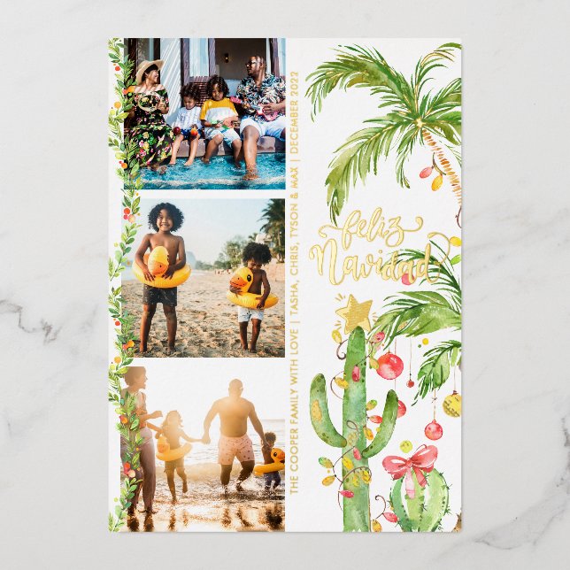 Feliz Navidad | Cactus Christmas Photo Collage Foil Holiday Card (Front)