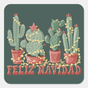 Feliz Navidad Cactus Lover Christmas Cowboy Plant Square Sticker