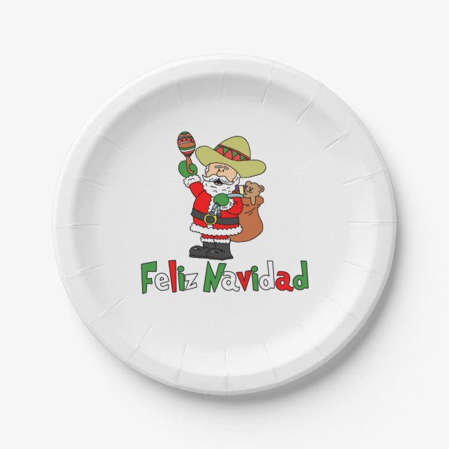 Feliz Navidad Cartoon Santa Sombrero Maracas Paper Plate (Front)