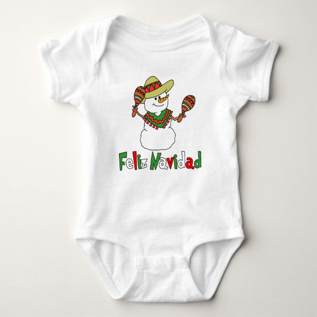 Feliz Navidad Cartoon Snowman Sombrero Maracas Baby Bodysuit (Front)