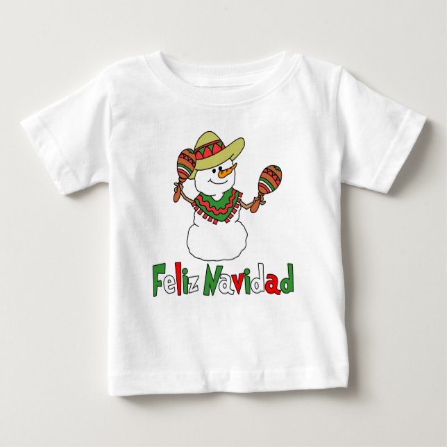 Feliz Navidad Cartoon Snowman Sombrero Maracas Baby T-Shirt (Front)