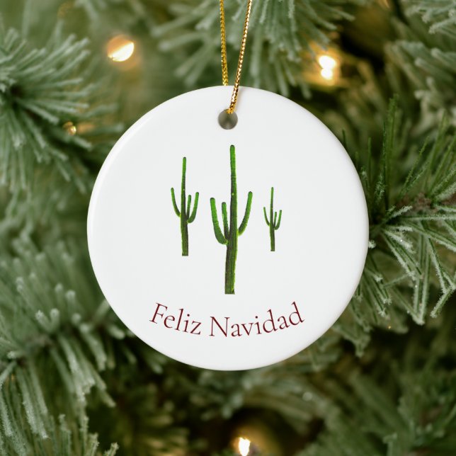 Feliz Navidad Christmas Desert Cactus Ceramic Ornament (Tree)